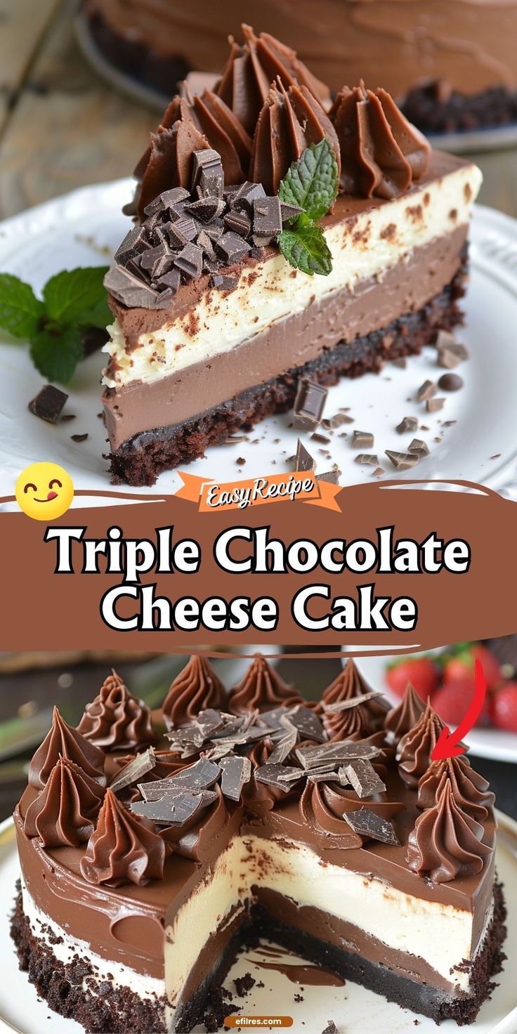 triple chocolate cheesecake cake on a white plate