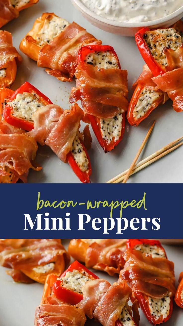 bacon wrapped mini peppers on a plate with ranch dip in the background and text overlay that says bacon wrapped mini peppers