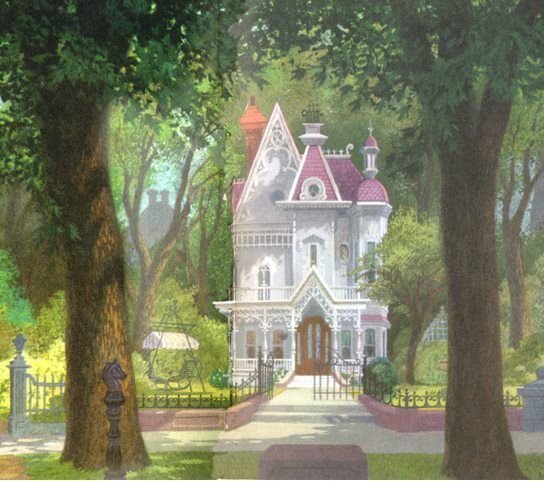 a painting of a house in the middle of a park with trees and bushes around it