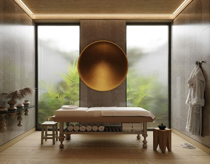 a spa room with large windows and wooden floors