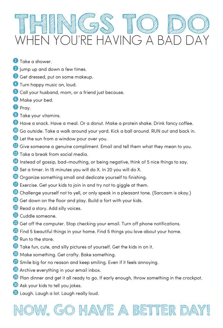 Bad day? Everything goes wrong? Everything just sucks? Need some help? Need tips? Or, maybe, you need a list? This to do list will solve all your problems! Things to Do When You're Having a Bad Day. [Printable Poster] What To Do On Bad Days, Tips For Bad Days, Day List To Do, Things To Do On A Bad Day, Things That Make You Happy List, To Do List Productive Day, Things To Do To Feel Better, Things That Make Me Happy List, Things All Girls Need