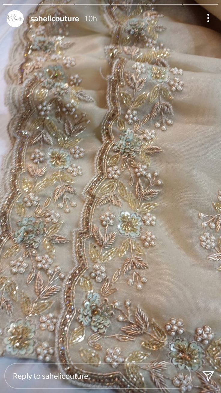 Zari Work Embroidery Saree, Hand Embroidery Dress Pakistani, Dabka Work Saree, Dupatta Designs Ideas Hand Work, Handwork Dupatta Design, Designer Duppatas Ideas, Hand Work Embroidery Dupatta, Hand Work Suits Designs, Zardozi Work Suits