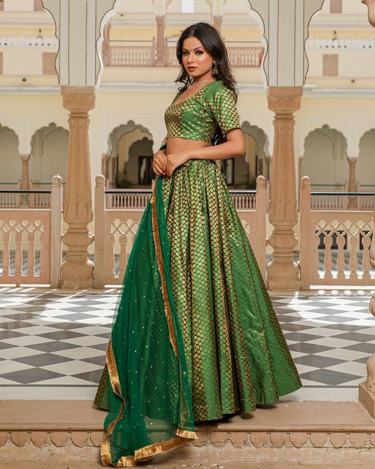 Beautiful Leafy Green Lehenga Set - www.riafashions.com Choli Blouse, Green Lehenga, Designer Party Wear Dresses, Sharara Set, Net Dupatta, Party Wear Dresses, Indian Design, Lehenga Choli, Indian Wear