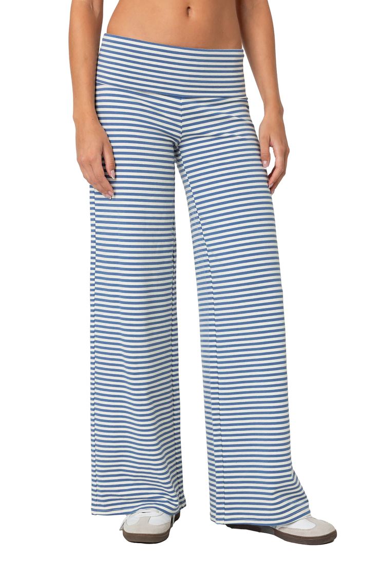 Enjoy all the maximums—ease, comfort and style—in these knit pants designed with a fold-over waistband and fun-forward horizontal stripes. Pull-on style 45% cotton, 45% polyester, 10% spandex Machine wash, dry flat Imported Fold Over Pants, Spandex Pants, Striped Wide Leg Pants, Simple Tees, Horizontal Stripes, Pants Design, Knit Pants, Striped Pants, Casual Elegance