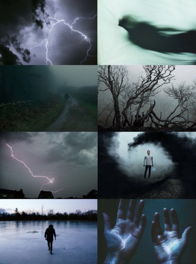 four different pictures with the same person holding their hands up in front of them and lightning