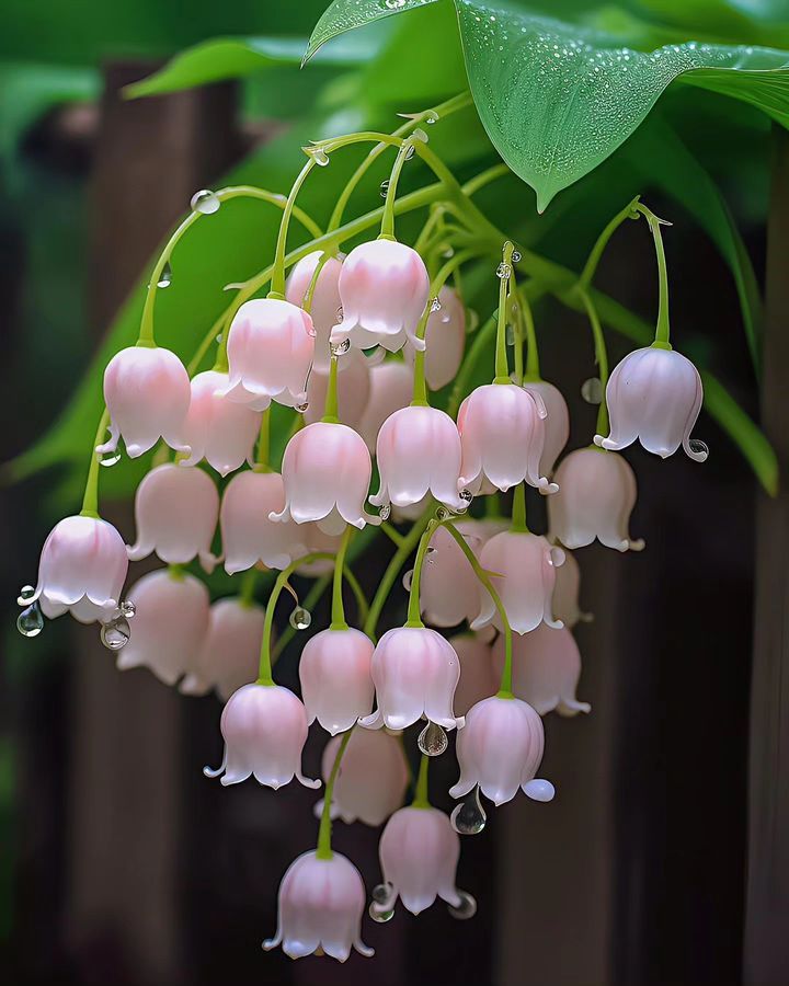 pink and white flowers hanging from a plant with green leaves in the backgroud