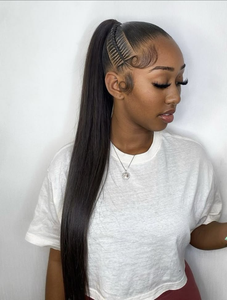 Ponytail With Braid On The Side, Slick Ponytail With Braid, Sleek Hairstyles Black Women, Slick Ponytail Weave, Sleek Ponytail Black Women, Sleek Ponytail Weave, Slick Ponytail, Black Ponytail, Weave Ponytail Hairstyles