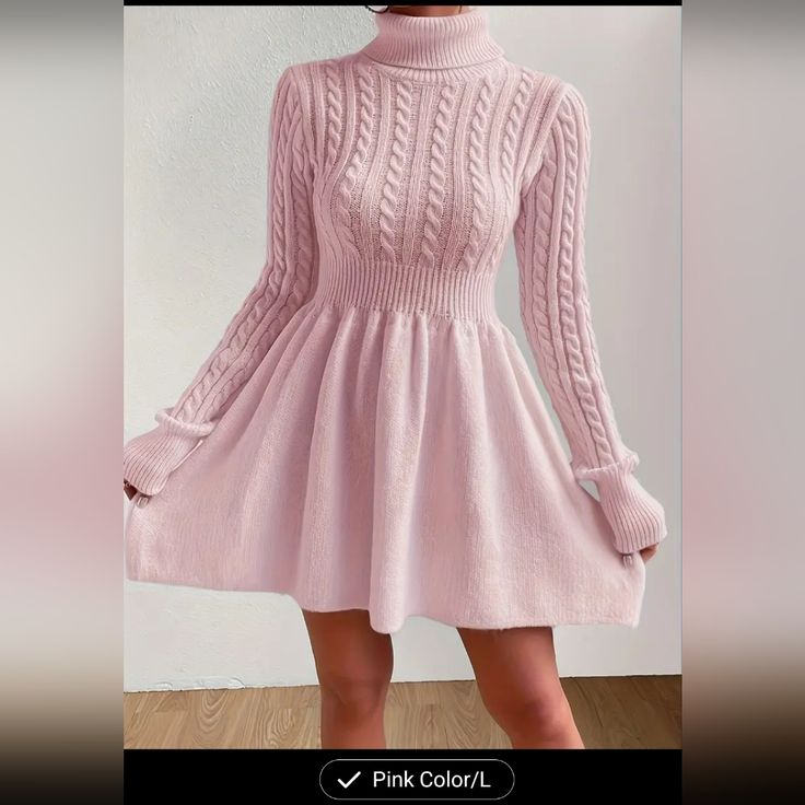 Just Darling Long Sleeve Dress Winter, Long Sleeve Turtleneck Dress, Cable Knit Sweater Dress, Cable Knit Turtleneck Sweater, Turtleneck Sweater Dress, Shein Dress, Turtle Neck Dress, Knit Sweater Dress, Solid Dress