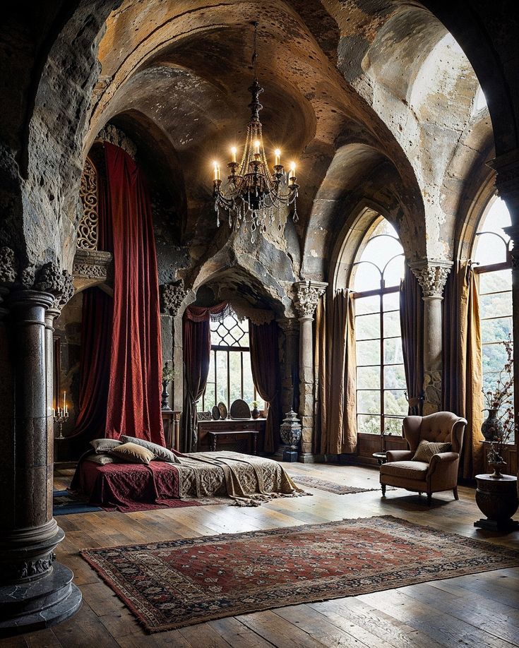 an ornate bedroom with chandelier and large windows