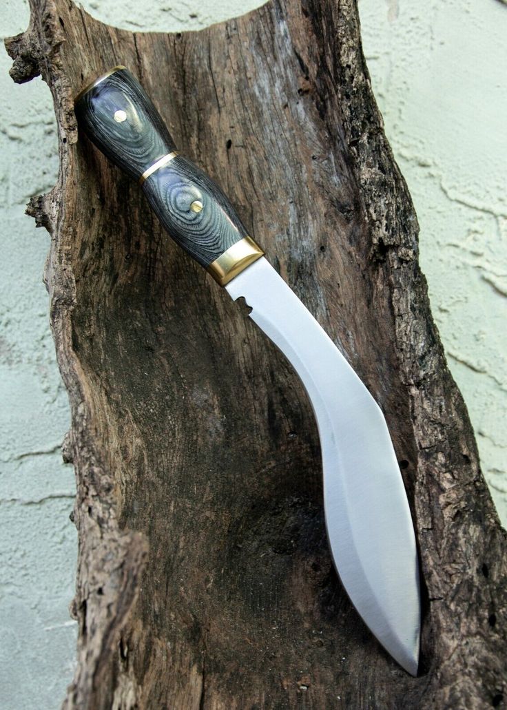 a knife sitting on top of a piece of wood next to a tree trunk and wall