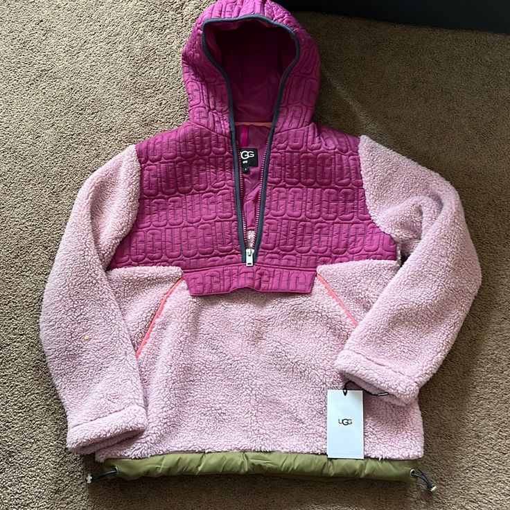 Nwt Ugg Sherpa Half Zip Pullover Ugg Janey Sherpa, Ugg Laken Jacket, Pink Sherpa Jacket, Ralph Lauren Fleece Zipup Pink, Ugg Jacket, Pink Fleece Hooded Jacket With Double-lined Hood, Half Zip Pullover, Pullover Jacket, Womens Uggs