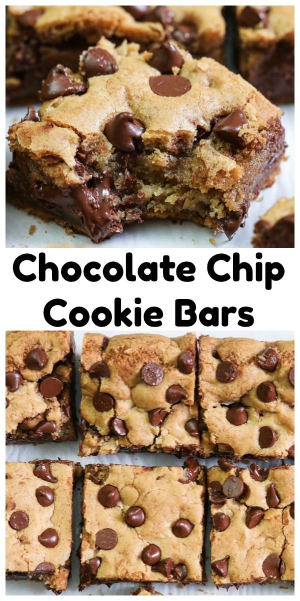 chocolate chip cookie bars stacked on top of each other with the words, chocolate chip cookie bars