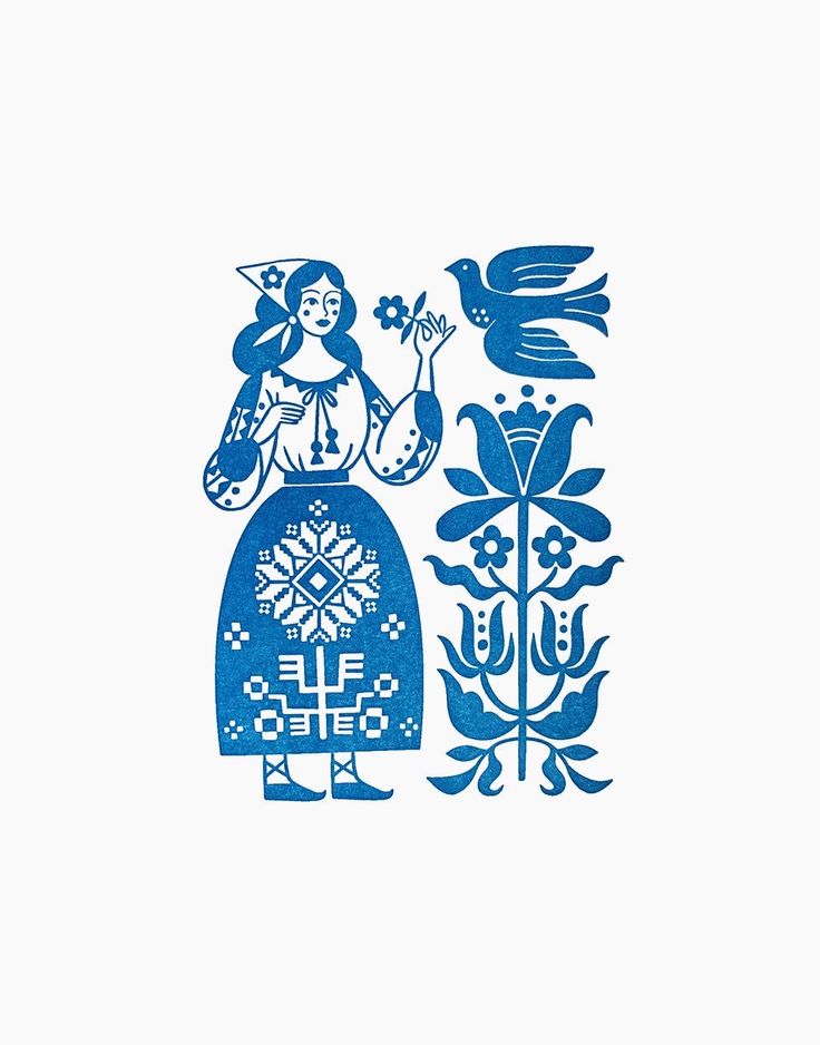 a blue and white drawing of a woman holding a bird next to a vase with flowers