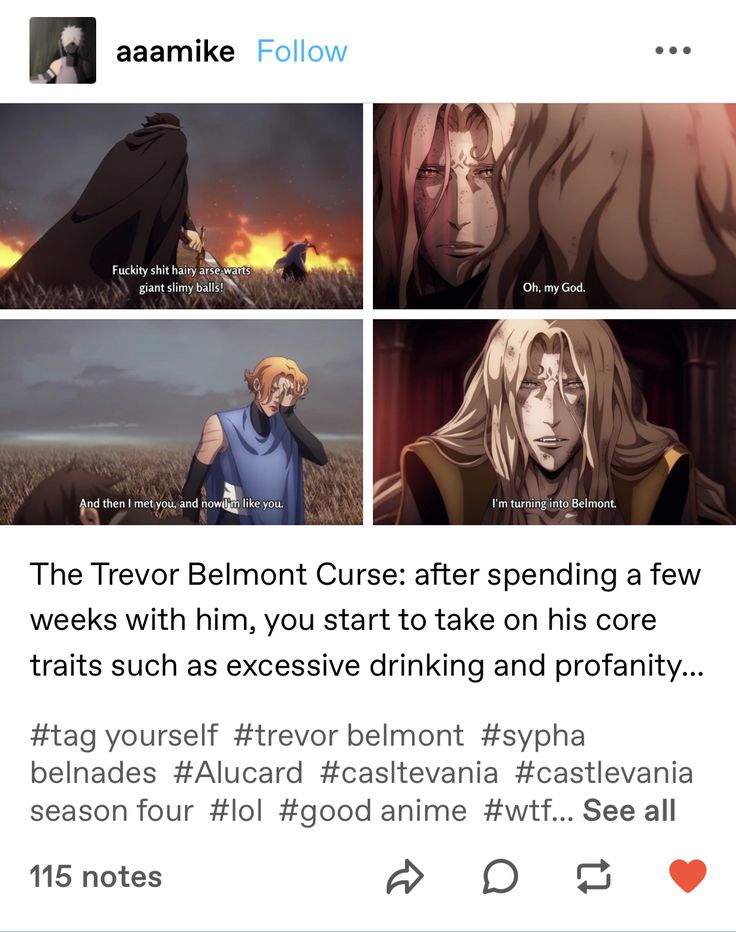 an anime story is shown with the caption above it that reads,'the devil belmont curse after spending a few weeks with him, you start to take on his core