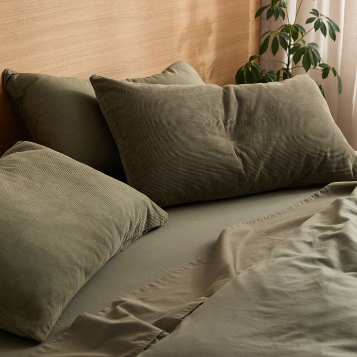 a bed with several pillows on it and a plant in the corner next to it