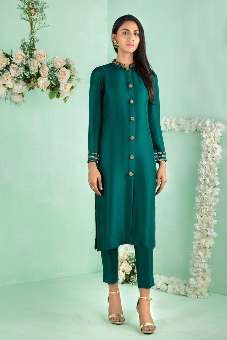 Verdant | Pakistani Designer Outfit | Sarosh Salman Embellished Straight Kurta For Navratri, Long Sleeve Chanderi Bandhgala With Mirror Work, Chanderi Bandhgala With Mirror Work And Long Sleeves, Cotton Silk Bandhgala With Resham Embroidery, Festive Cotton Silk Bandhgala With Resham Embroidery, Designer Embroidered Slub Silk Sherwani, Long Sleeve Bandhgala With Mirror Work For Diwali, Designer Cotton Silk Bandhgala For Festivals, Traditional Slub Silk Kurta With Mirror Work