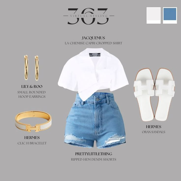 White Boujee Outfits, Baddie Sandals Outfit, Hermes White Sandals Outfit, Denim Shorts White Shirt Outfit, Outfits With Blue Shorts, White Crop Shirt Outfit, R And B Concert Outfit, Cropped White Shirt Outfit, Denim Sandals Outfit