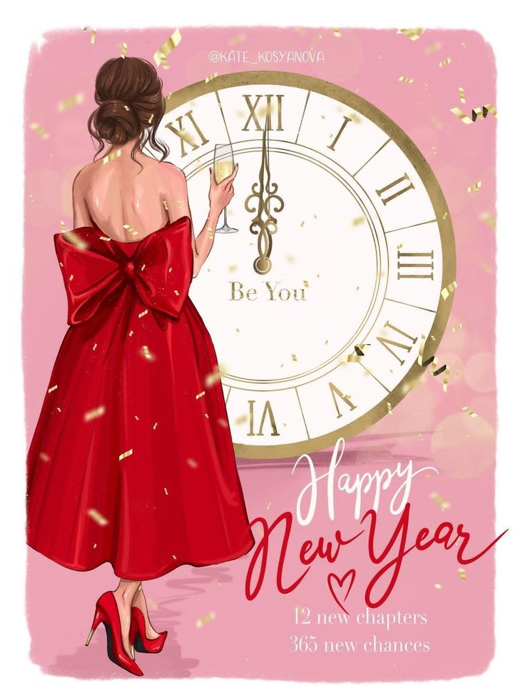 a woman in a red dress standing next to a clock with the words happy new year written on it