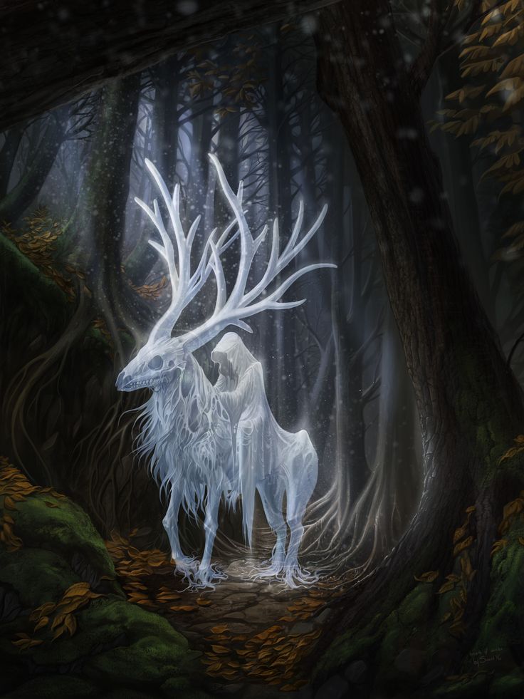 an animal with horns standing in the middle of a forest