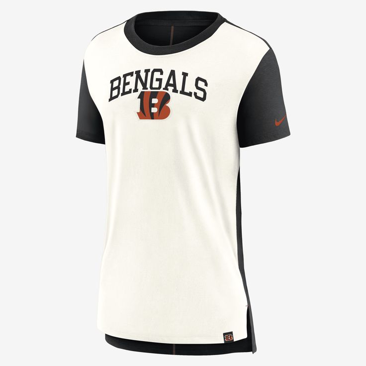 This Cincinnati Bengals T-Shirt features a bold team design and soft tri-blend fabric to help get you ready for game day. Game Day Jersey T-shirt With Team Logo, Varsity T-shirt With Team Logo For Football Season, Black Varsity T-shirt For Game Day, Black Varsity T-shirt For Fan Gear, Varsity Jersey Tops For Fan Gear, Jersey Sports Fan Top For Game Day, Jersey Tops For Game Day, Sports Fan Style, Jersey Material Sports Fan Top For Game Day, Game Day Moisture-wicking Sports Fan Tops