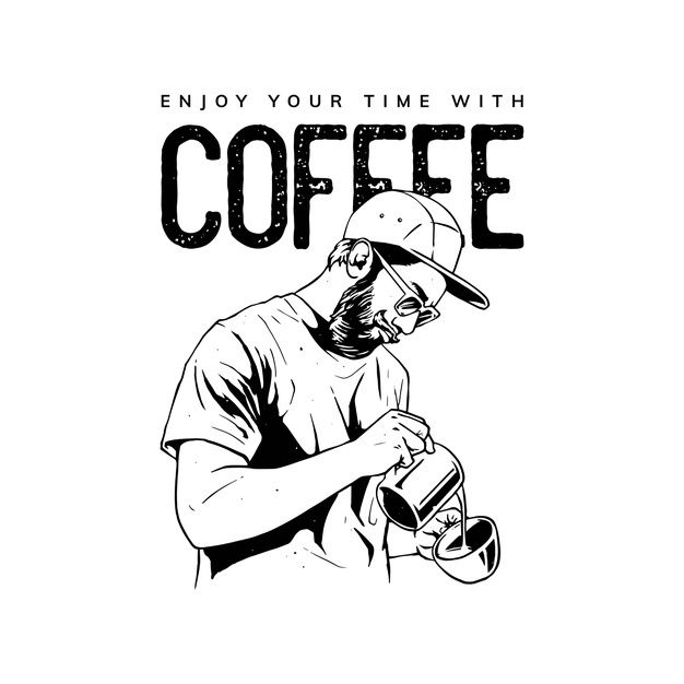 a black and white drawing of a man holding a coffee cup with the words, enjoy your time with coffee