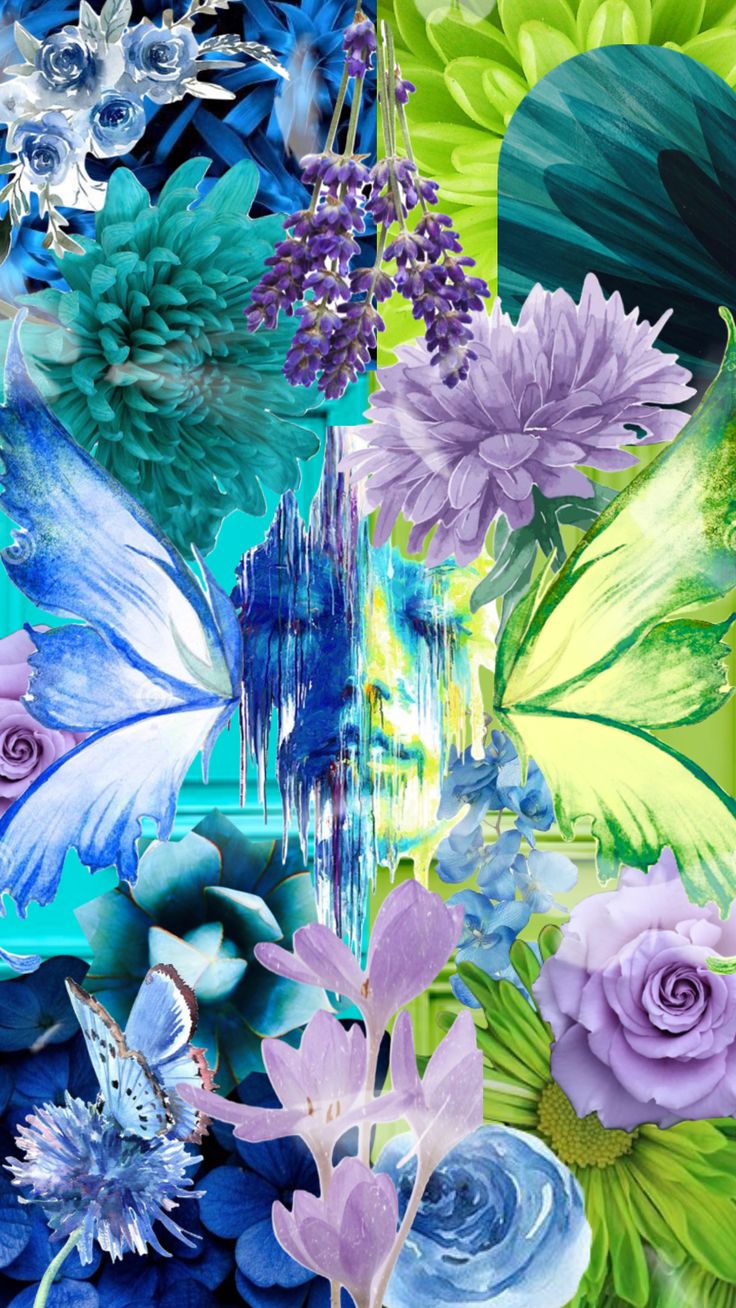 an artistic painting of flowers and butterflies in shades of blue, green, purple and yellow