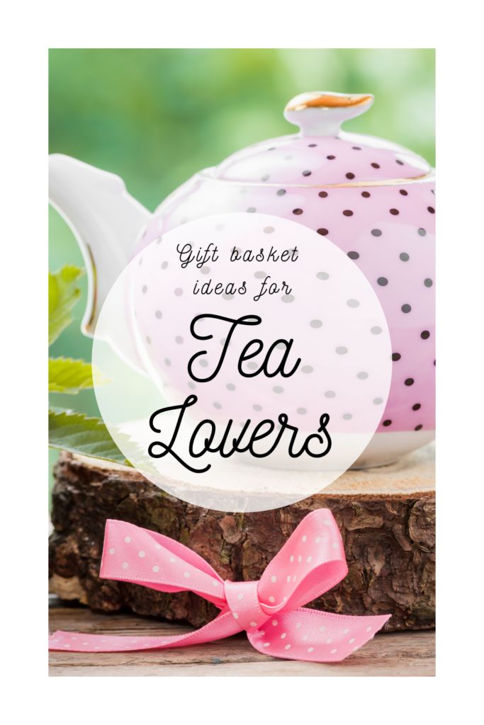 a pink teapot sitting on top of a tree stump with the words gift basket ideas for tea lovers