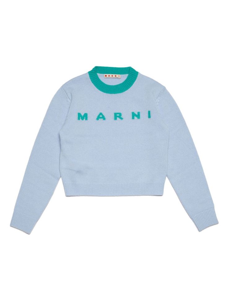 blue/green cashmere knitted construction ribbed trim logo print to the front round neck long sleeves straight hem Marni Sweater, Girls Jumpers, Crew Neck Jumper, Kids Logo, The Shade, Knitted Jumper, Luxury Retail, Girl Top, Italian Fashion