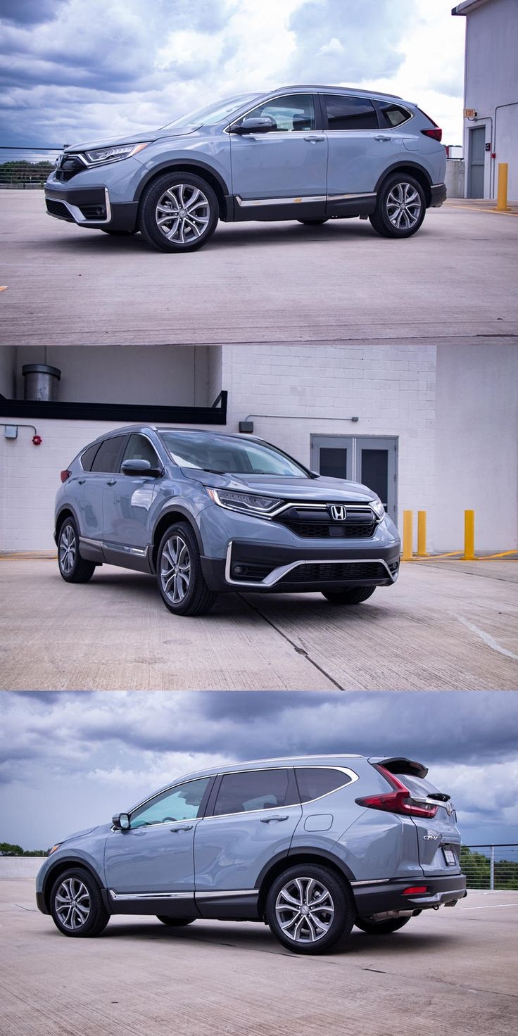 three different cars parked next to each other in front of a building with cloudy skies