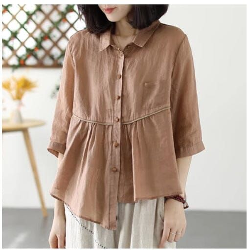 Women Retro Loose Casual Summer Linen Blouse Casual Brown Summer Blouse, Summer Brown Relaxed Fit Blouse, Casual Brown Blouse With Relaxed Fit, Brown Relaxed Fit Blouse For Summer, Casual Brown Half Sleeve Top, Casual Brown Blouse With Buttons, Summer Collar Blouse With Pockets, Casual Half Sleeve Blouse For Fall, Brown Cotton Blouse For Spring