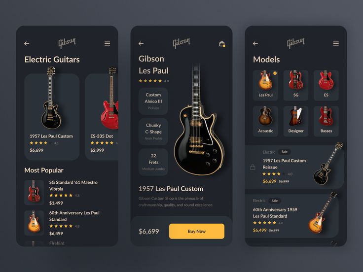 three screens showing different types of guitars and their price tags for each guitar, including the headstocks