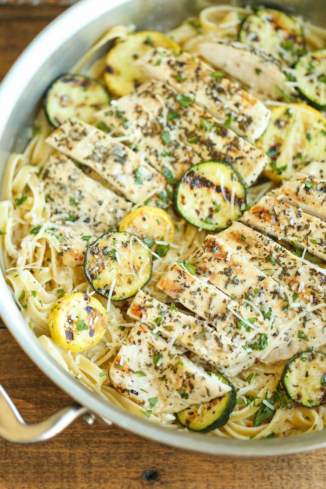 chicken and zucchini pasta in a skillet