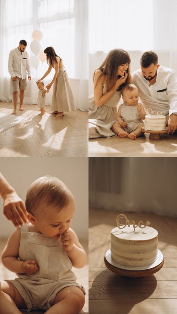 a baby is sitting on the floor with his parents