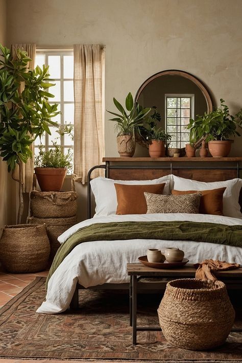 a bedroom with potted plants on the wall and a bed in front of it