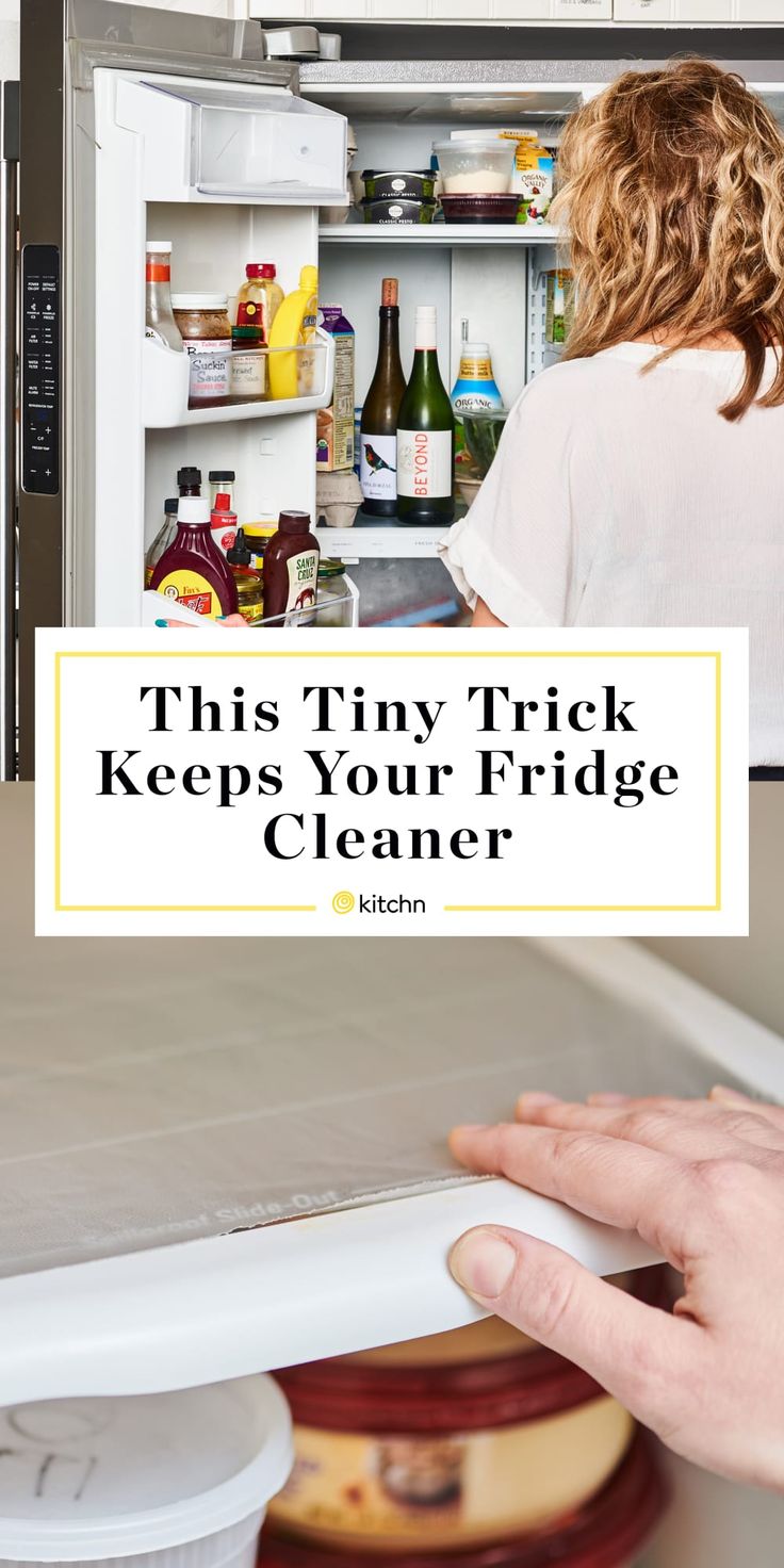 a woman looking into an open refrigerator with the words, this tiny trick keeps your fridge clean