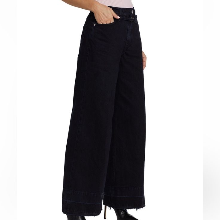 High Rise Palazzo Baggy Pants With Belt And Raw Hem Size:33 Black Flare Jeans For Work With Belt Loops, Black Flare Jeans For Workwear, Black Cropped Leg Jeans With Belt Loops, Black Cropped Jeans With Belt Loops, Black Wide-leg Flare Jeans With Belt Loops, Black Wide Leg Flare Jeans With Belt Loops, Black Flare Jeans With Five Pockets For Work, Chic Black Jeans With Belt Loops, Black Mid-rise Jeans With Belt Loops