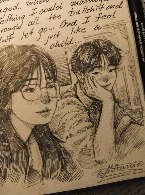 a drawing of two people sitting next to each other in front of a book with writing on it