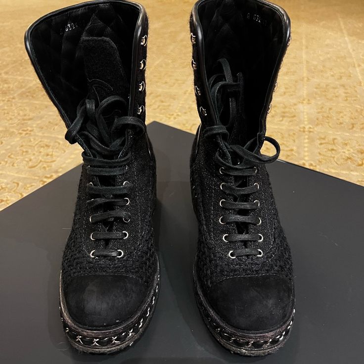 Chanel Boots, Used, Size 36 Luxury Lace-up Winter Boots, Luxury Winter Lace-up Boots, Luxury Lace-up Boots For Winter, Black Calf Leather Lace-up Boots, Black Lace-up Boots In Calf Leather, Luxury High-top Lace-up Boots With Lug Sole, Black High-top Lace-up Boots With Leather Sole, Luxury Boots With Textured Sole And Round Toe, Black High-top Heeled Boots With Leather Sole