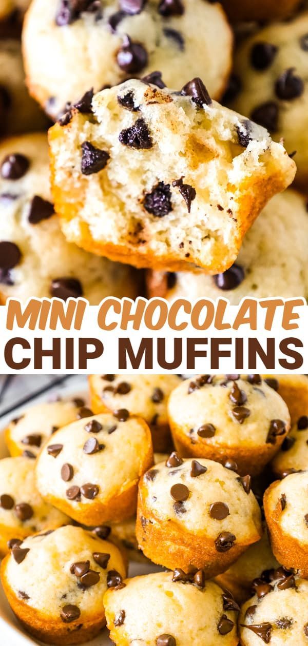 mini chocolate chip muffins stacked on top of each other with text overlay