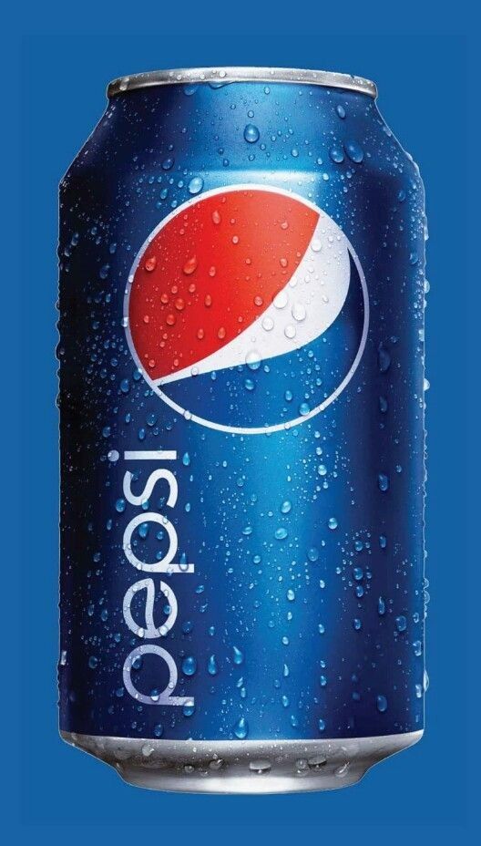 a can of pepsi soda with water droplets on the top and bottom, in front of a blue background