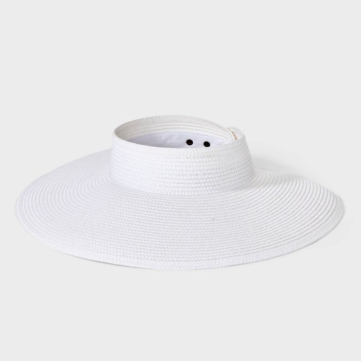 This Straw Visor Hat from Shade & Shore™ is sure to be your new summertime favorite. Made from midweight paper-blend material, this solid-color straw hat boasts a UPF 50+ rating as well as a stylish 4.75-inch brim to shield your face in style during gardening, boardwalk outings or leisurely town strolls. The visor hat has an adjustable snap-closure band at the back for a customizable fit and features a packable design making it convenient to bring it wherever your fun in the sun takes you. Shade White Lightweight Hat For Vacation, White Lightweight Vacation Hat, White Straw Sun Hat For Vacation, Adjustable White Sun Straw Hat, White Straw Hat For Sunbathing On Vacation, White Straw Hat For Sunbathing And Vacation, White Packable Sun Hat For Beach, White Straw Hat With Upf 50+ For Sunbathing, White Packable Sun Hat For The Beach