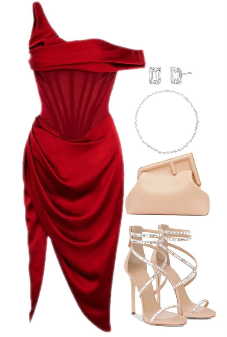 Earrings For Off Shoulder Dress, Red Dress With Accessories, Red Dress Outfit Accessories, Beautiful Red Dresses Classy, Red Dress Necklace, What Heels To Wear With Red Dress, Heels That Go With Red Dress, Red Dress Heels Outfit, Accessories With Red Dress