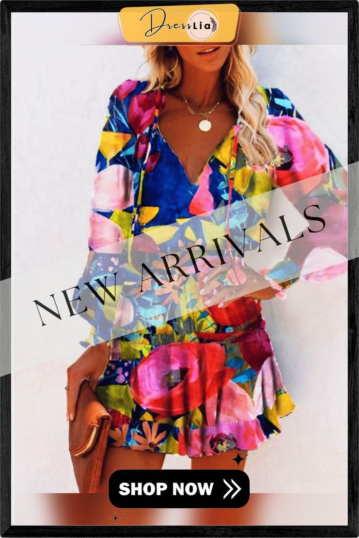 Multicolor Floral Print Skinny Waist Long Sleeve Mini Dress P13501 Colorful V-neck Dress With Floral Print, Multicolor Mini Dress With Vibrant Print For Brunch, Vibrant Floral Print V-neck Mini Dress, Vibrant Colorful Long Sleeve Dresses, Multicolor V-neck Mini Dress With Vibrant Print, Colorful Casual Floral Print Dress, Colorful Mini Dress With Vibrant Print For Spring, Multicolor Printed Dress For Brunch, Colorful Spring Mini Dress With Vibrant Print