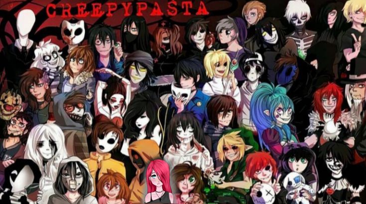 many anime characters are grouped together with the caption creepypasta on their faces