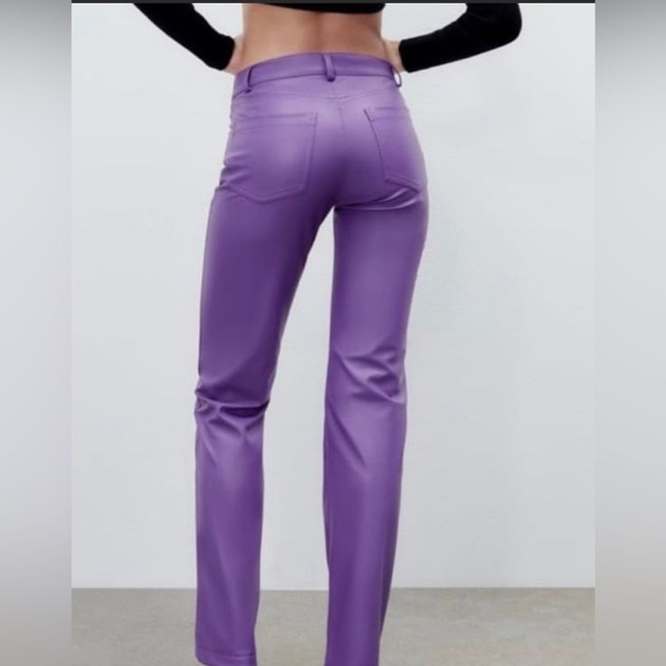 Zara Purple Faux Leather Pants Sleek Wide Leg Leather Pants For Spring, Chic Faux Leather Straight Leg Pants, Trendy Faux Leather Straight Leg Pants, Purple Straight Leg Bottoms For Fall, Purple Straight Leg Pants For Fall, Spring Faux Leather Wide Leg Bottoms, Chic Faux Leather Bottoms For Spring, Spring Wide Leg Faux Leather Bottoms, Fall Purple Straight Leg Bottoms