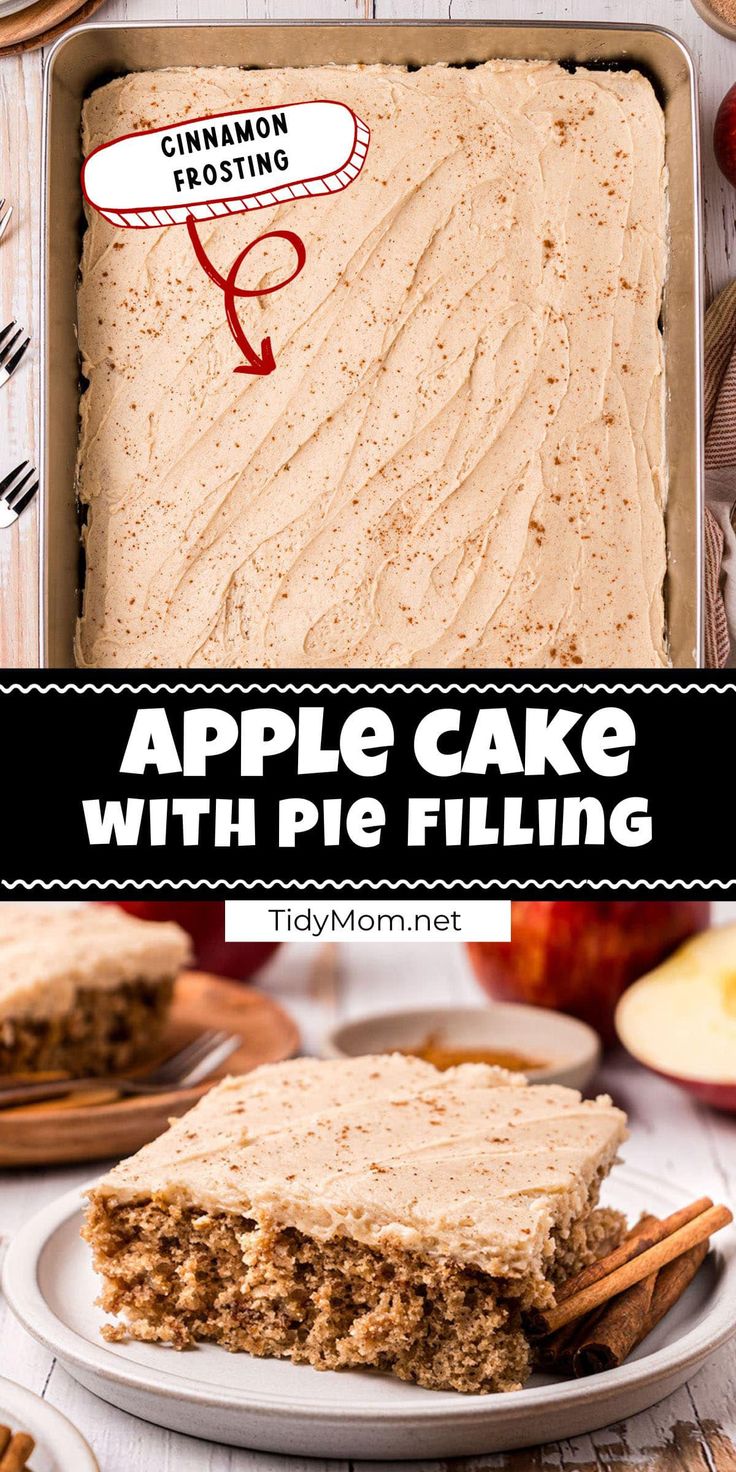 an apple cake with pie filling in a pan on a white plate next to apples and cinnamon sticks