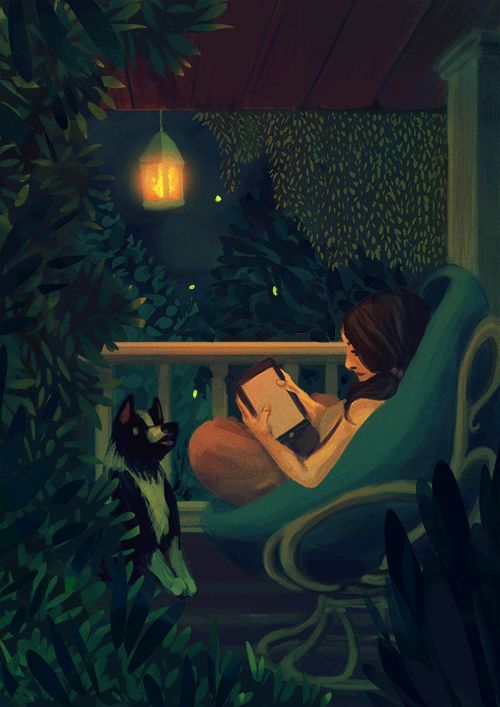 a painting of a woman sitting in a chair reading a book with a dog nearby