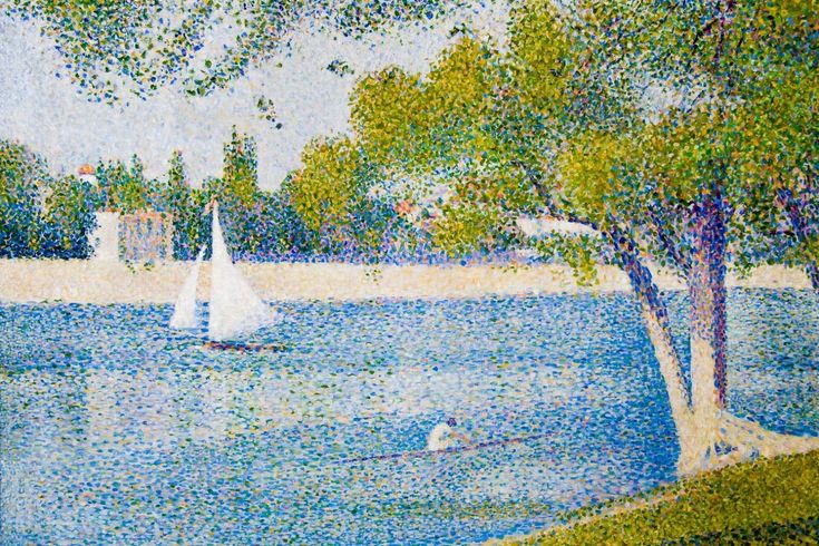 a painting of boats on the water near trees