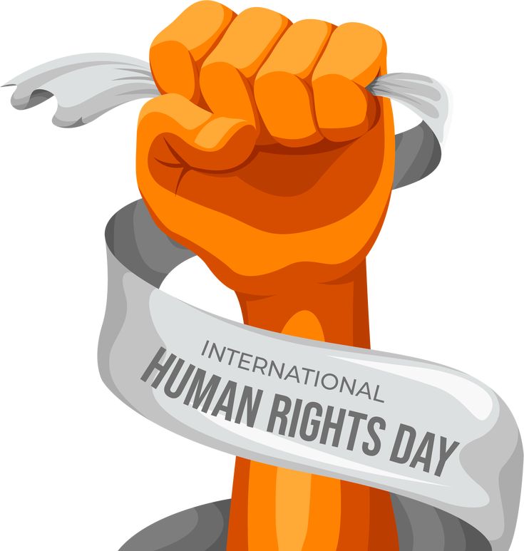 an orange fist with the words international human rights day hanging from it's sides