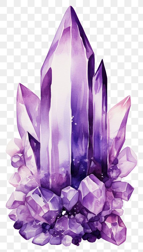 a purple crystal stone with crystals on it, watercolor painting png and psd